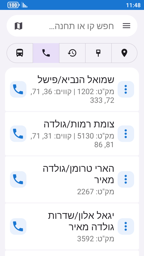מסך החיוג המהיר במובידוס: לכל תחנה שמורה מספר מק"ט, הקווים שלה ואייקון חיוג