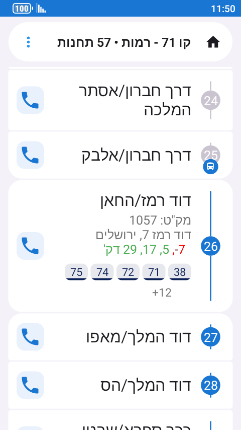 מעקב אחר קו 71 ברשימת התחנות: האוטובוס בין שתי תחנות, והתחנה הבאה עם הזמנים והקווים שלה